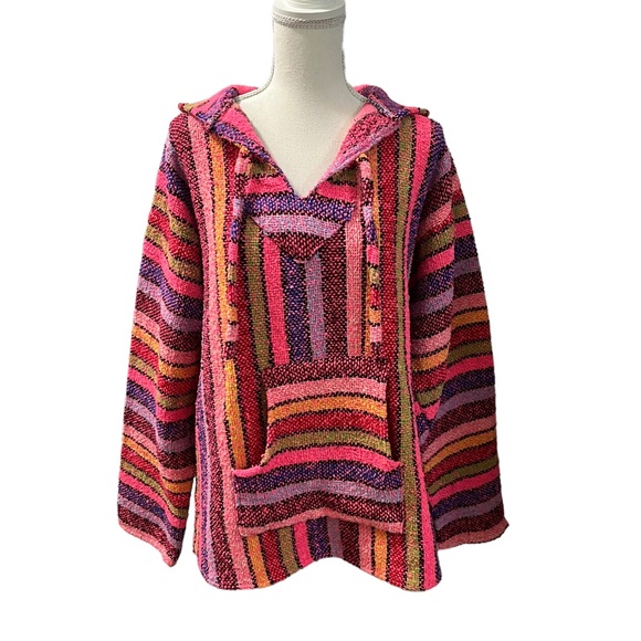 Artesanias Cuamatzi Mexican Poncho Hoodie  Multicolored Striped Kangaroo Pockets - Picture 3 of 8